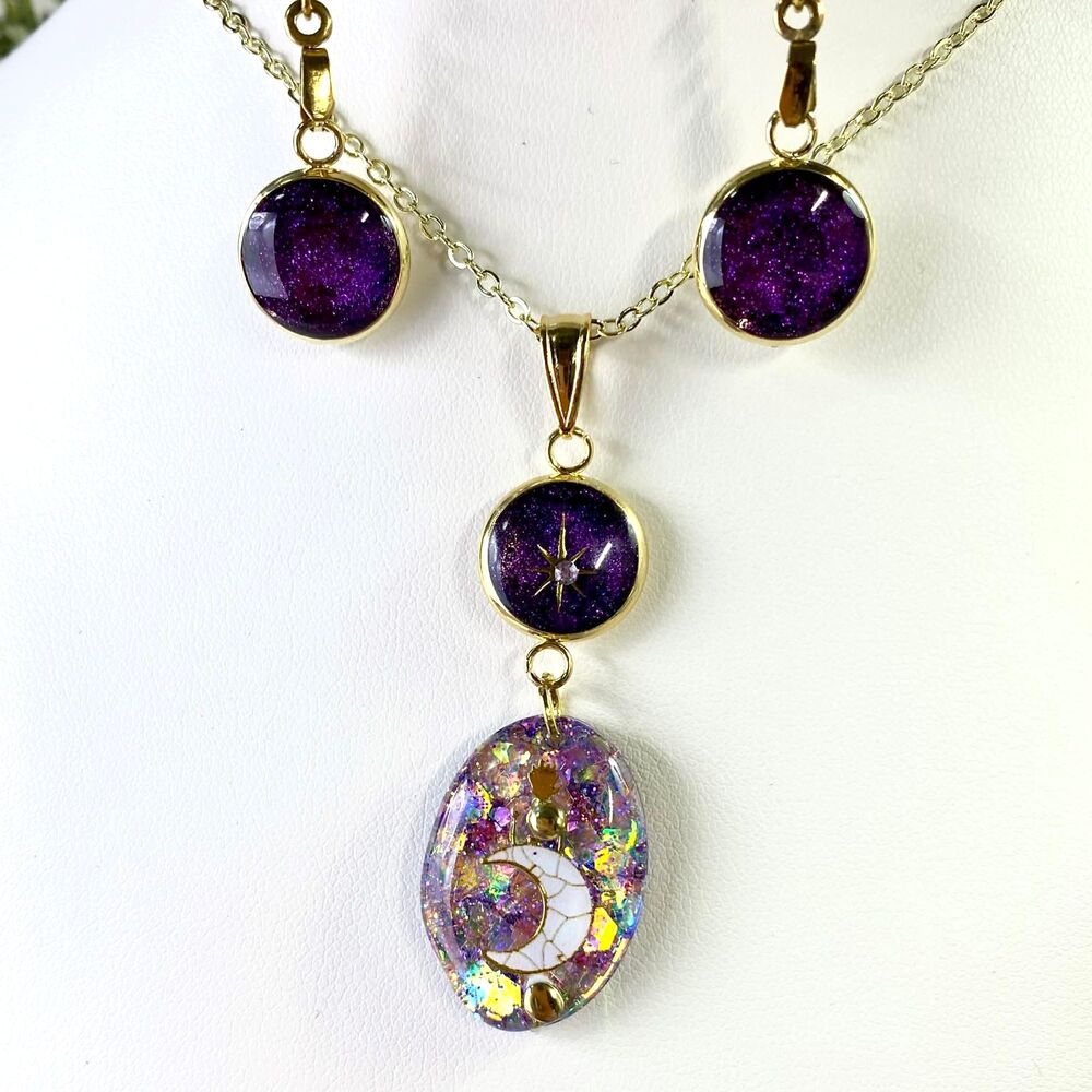 Handmade Purple Galaxy Resin Jewelry Set | Moon & Star Pendant Jewelry Set